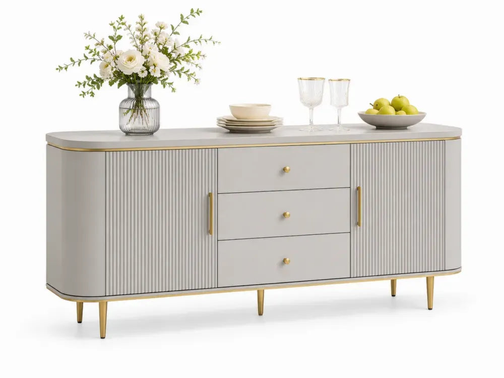 Sideboard Buffet mit 3 Schubladen und Rillentüren 160 x 40 x 80 cm lackierte MDF Stahl rechteckig Hellgrau Goldfarben