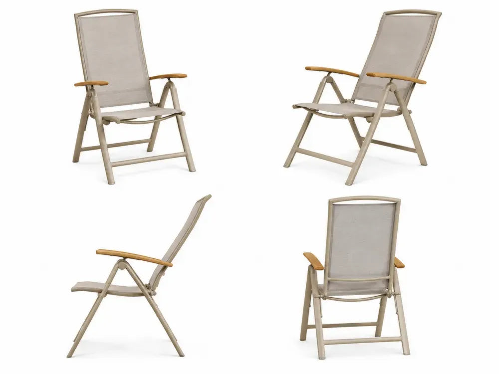 Garten-Hochlehner Klappstuhl mit Armlehnen Aluminium PVC-beschichtetem Polyestergewebe Akazienholz Beige Taupe Naturbraun Schwarz 61 x 72 x 110 cm