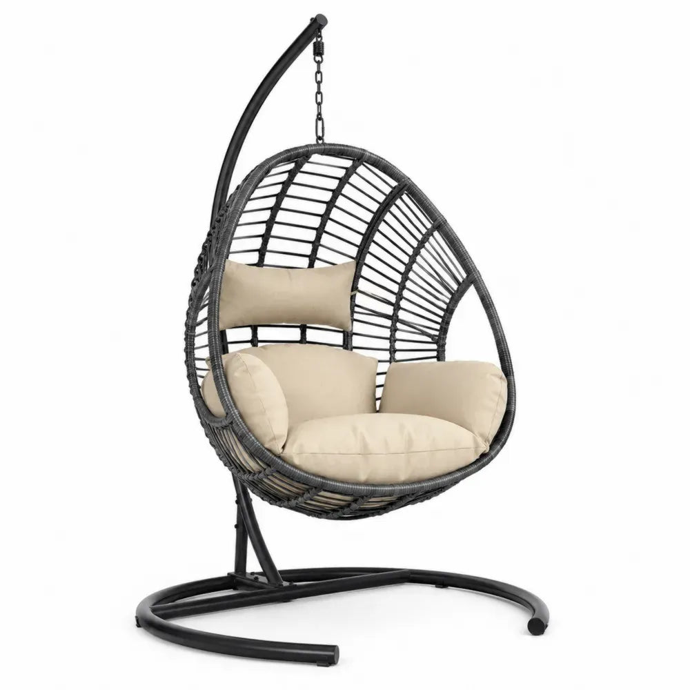Hängesessel mit Gestell und Kissen PE-Rattan Stahlrahmen Anthrazit Schwarz Beige 105 x 105 x 195 cm