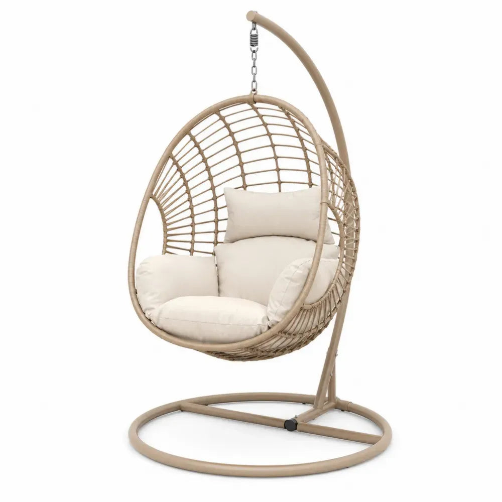 Hängesessel mit Gestell und Kissen PE-Rattan Stahlgestell Ei-Form Beige Cremeweiß 105 x 105 x 195 cm