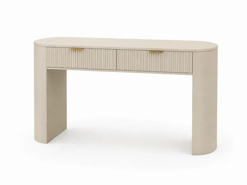 Konsolentisch mit 2 Schubladen 120 x 40 x 78 cm MDF geriffelte Fronten abgerundete Seiten cremeweiß goldfarben