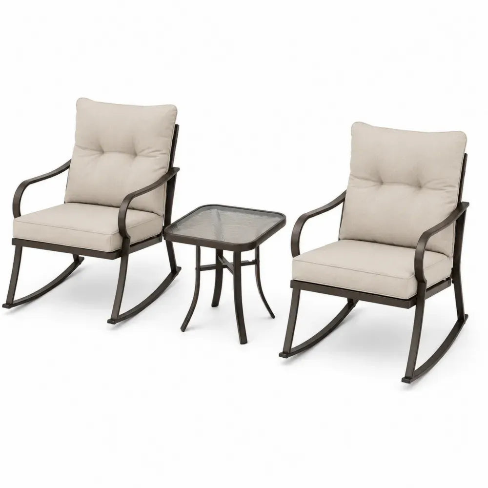 3-teiliges Gartenmöbel Set mit 2 Schaukelstühlen und Glastisch Stahlrohr Polyester Beige Dunkelbronze Transparent Stuhl 65 x 86 x 91 cm Tisch 45 x 45 x 50 cm