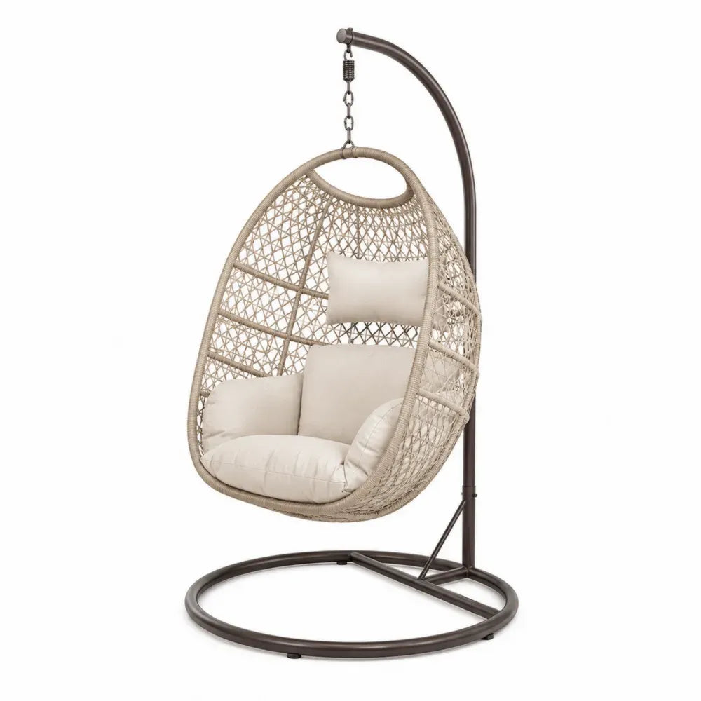 Garten Hängesessel mit Gestell und Kissen PE-Rattan Stahl Ei-Form Beige Dunkelbraun 105 x 105 x 195 cm