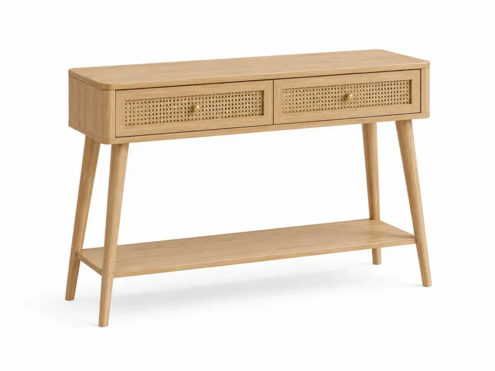 Konsolentisch mit 2 Schubladen und Ablage MDF Rattangeflecht rechteckig Natur Gold 110 x 35 x 80 cm