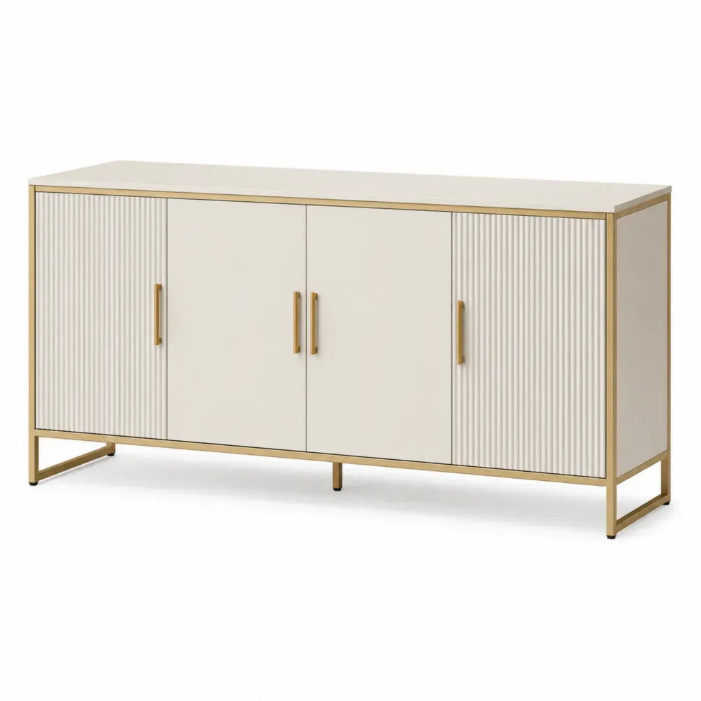 Sideboard mit 4 Türen 180 x 40 x 80 cm MDF Stahlgestell geriffelte Fronten rechteckig creme goldfarben schwarz