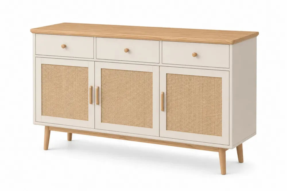 Sideboard Buffet mit 3 Schubladen und 3 Rattantüren 130 x 40 x 82 cm MDF Rattan Kautschukholz rechteckig Cremeweiß Natur