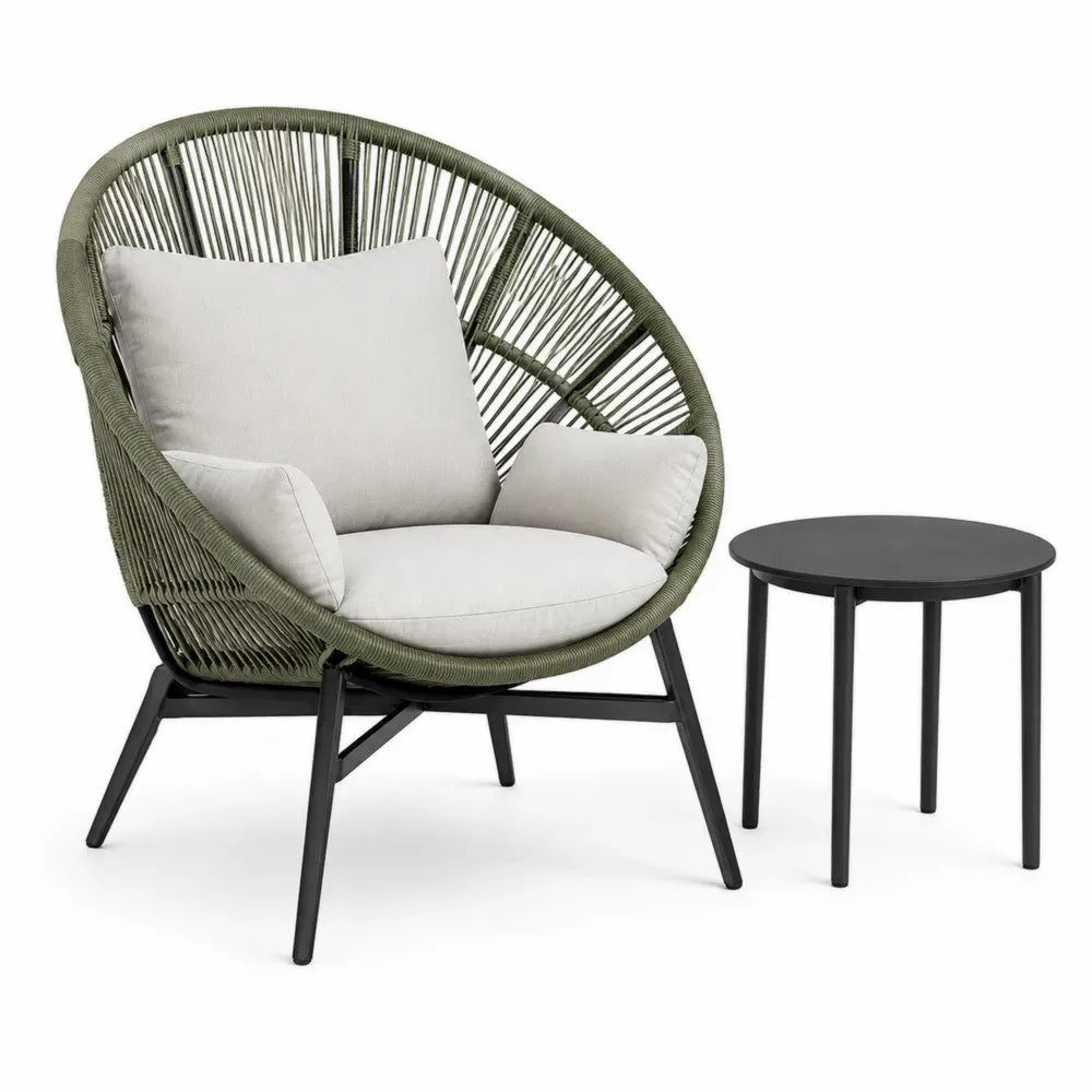 Gartenmöbel Set 2-teilig mit Loungesessel und Beistelltisch PP-Seilgeflecht Stahlgestell Olivgrün Beige Schwarz Sessel 95 x 90 x 95 cm Tisch Ø 45 x 50 cm