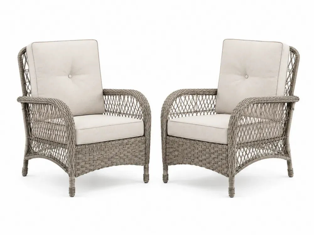2er Set Gartensessel mit Armlehnen PE-Rattan Stahlrahmen Polyesterkissen Taupegrau Cremeweiß 74 x 80 x 88 cm