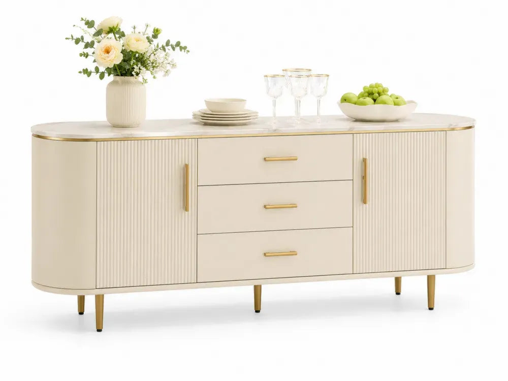 Sideboard Buffet mit 3 Schubladen und 2 Rillentüren 180 x 40 x 85 cm lackierte MDF Stahl rechteckig Cremeweiß Goldfarben Marmoroptik