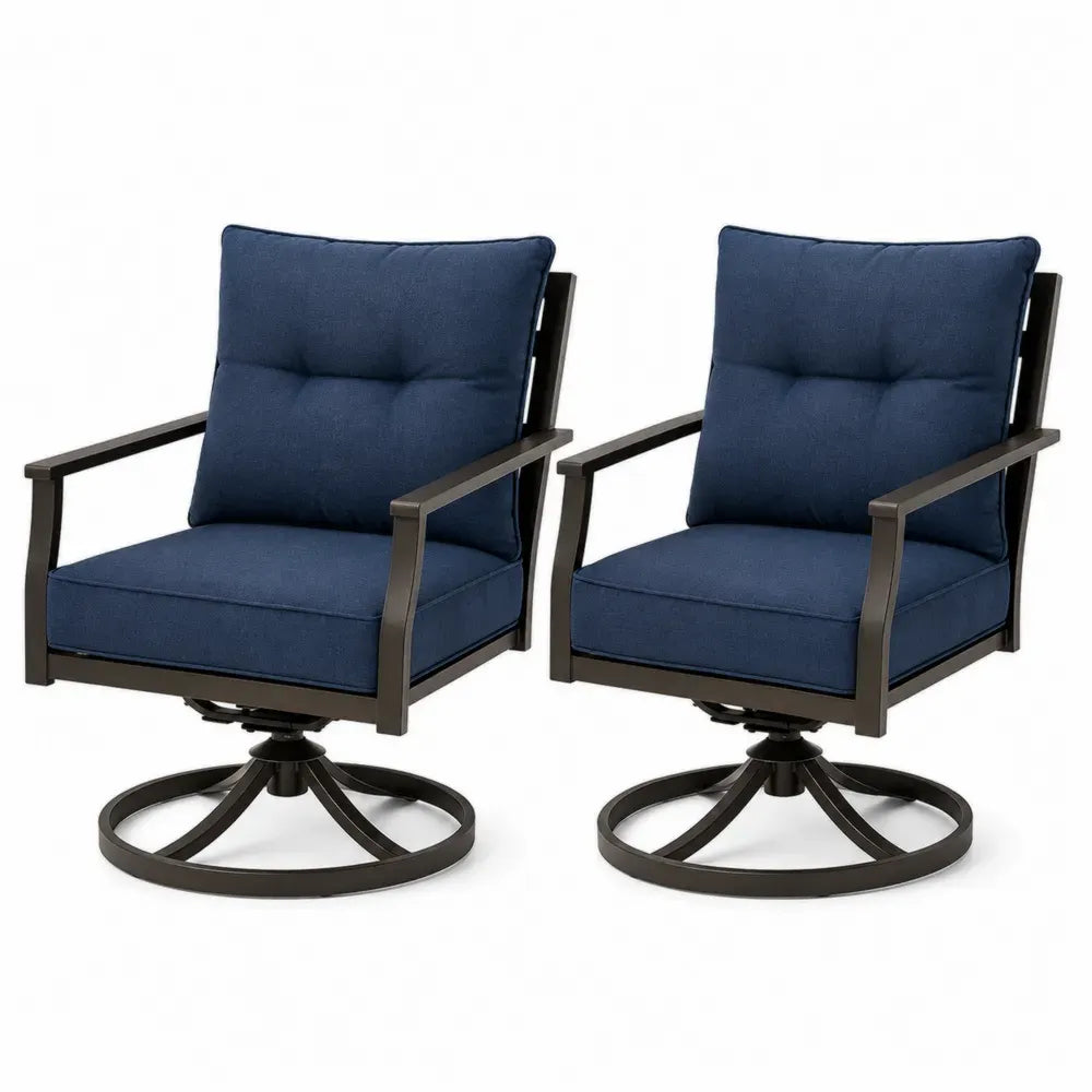 2er Set drehbare Gartenstühle mit Armlehnen Stahlrahmen Polyesterkissen Dunkelblau Dunkelbronze Schwarzbraun je 67 x 72 x 90 cm