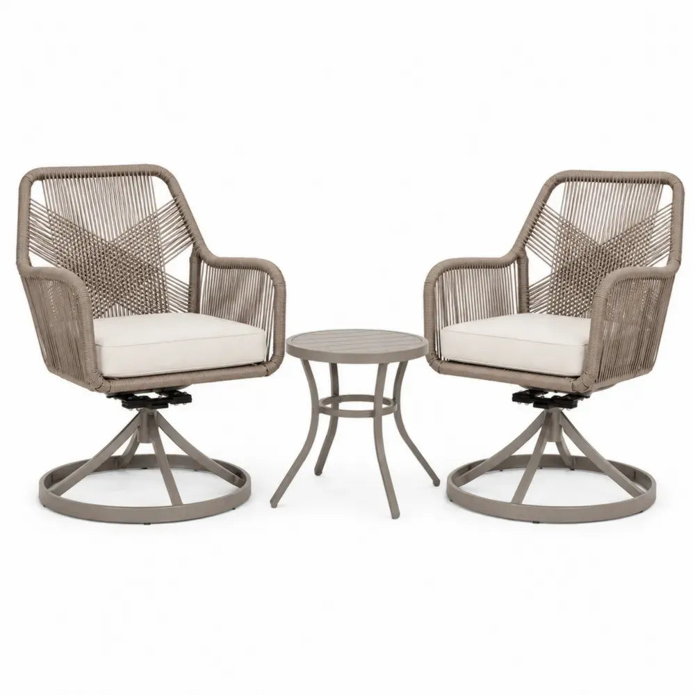 3-teiliges Gartenstuhl Set mit 2 drehbaren Sesseln und rundem Beistelltisch Stahlrahmen Seilgeflecht Polyesterkissen Taupe Cremeweiß Schwarz Sessel 72 x 78 x 88 cm Tisch Ø 50 x 50 cm