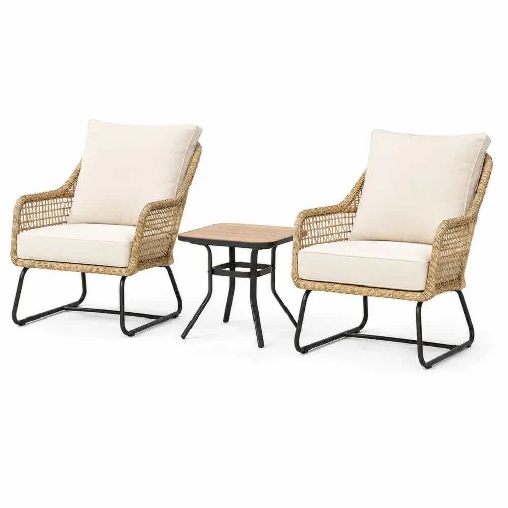 Gartenmöbel Set 3 teilig mit 2 Gartensesseln und Beistelltisch Stahl PE Rattan Akazienholz Naturbeige Cremeweiß Schwarz Stuhl 72 x 78 x 86 cm Tisch 45 x 45 x 45 cm