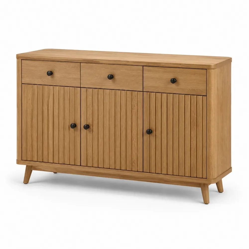 Sideboard Buffetschrank mit 3 Türen 3 Schubladen 140 x 40 x 82 cm MDF Kautschukholz Rillenfronten naturbraun schwarz