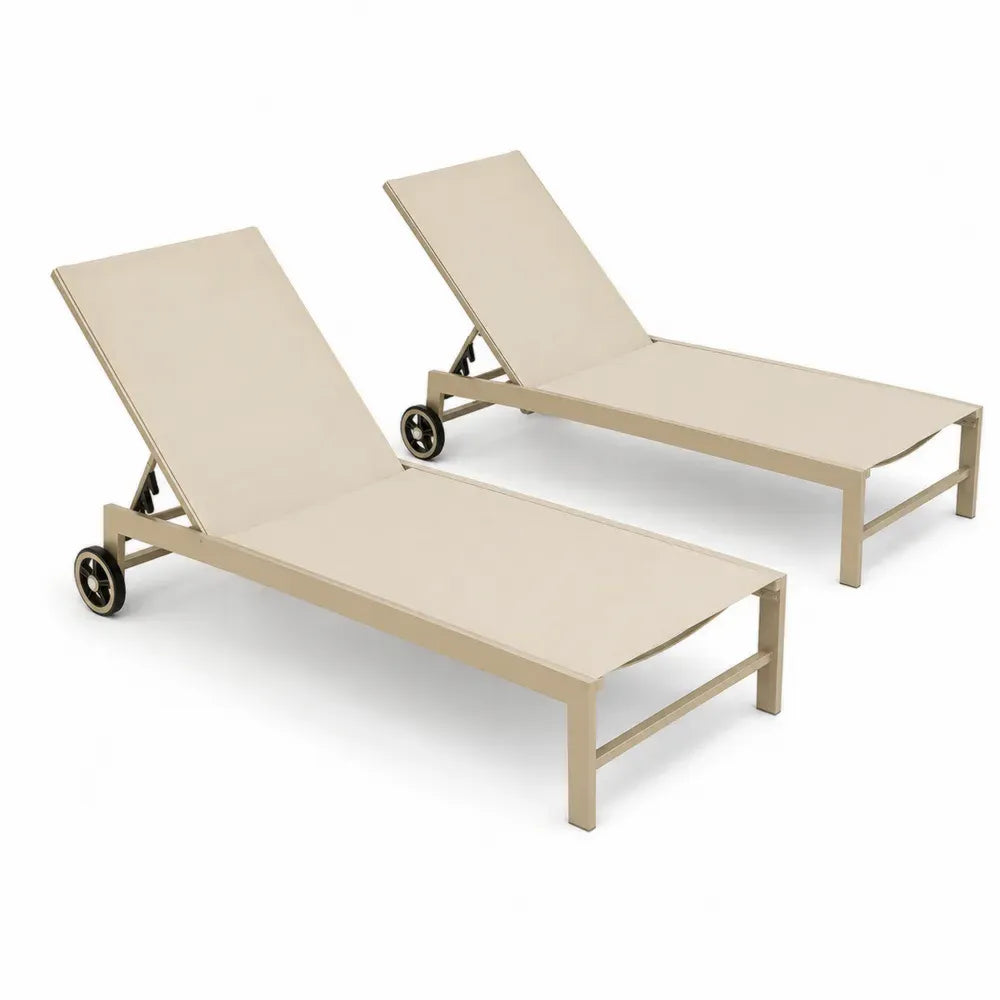 Gartenliegen 2er Set mit Rädern verstellbar Aluminiumrahmen PVC beschichtetes Polyestergewebe Beige Schwarz 200 x 65 x 92 cm