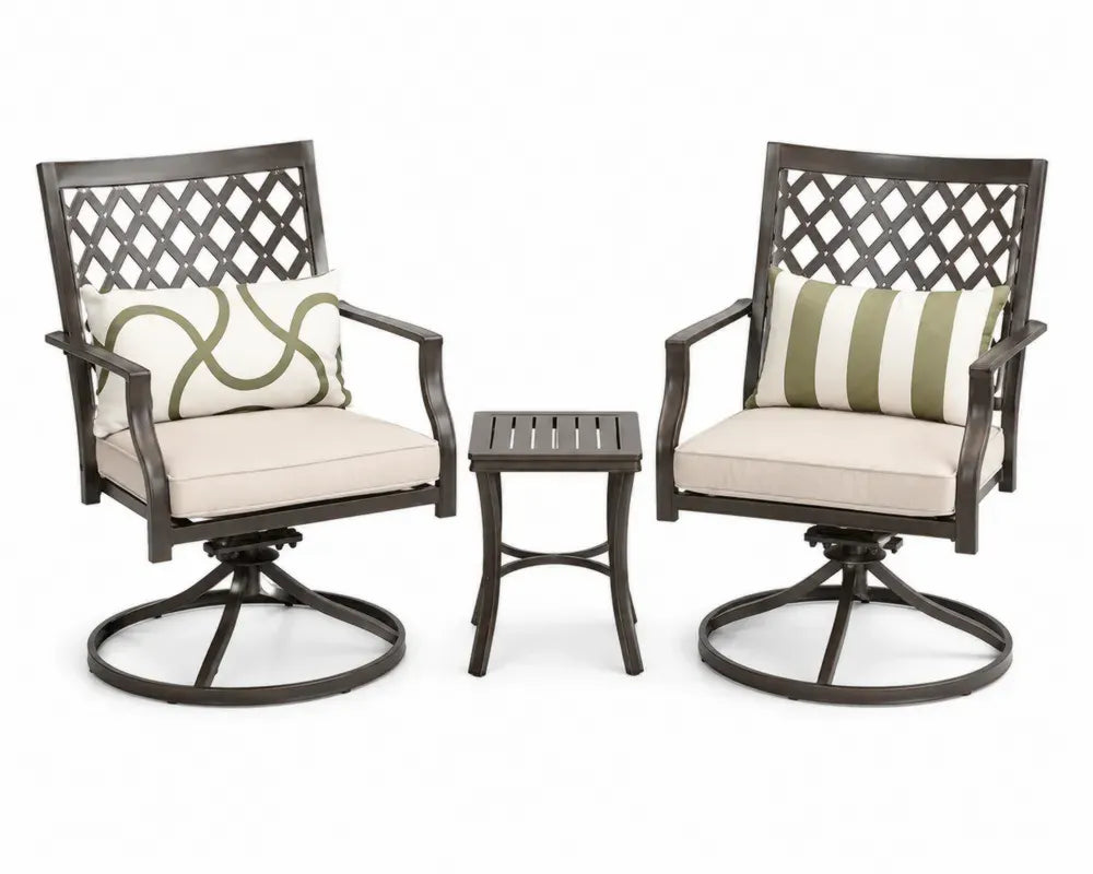 3 teiliges Gartenstuhl Set drehbar mit quadratischem Beistelltisch aus pulverbeschichtetem Stahl dunkelbronze cremeweiß olivgrün Sessel 64 x 72 x 93 cm Tisch 45 x 45 x 50 cm