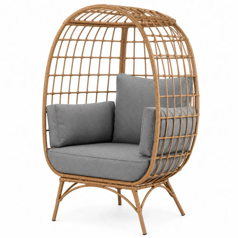 Garten Loungesessel mit Kissen 92 x 83 x 150 cm PE Rattan Stahl eiförmig naturfarben grau schwarz