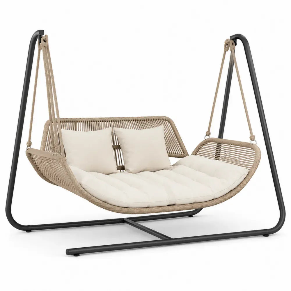 Gartenschaukel Hängeliege für 2 Personen mit Stahlgestell Seilgeflecht und Polyesterauflagen Beige Cremeweiß Schwarz 195 x 120 x 175 cm