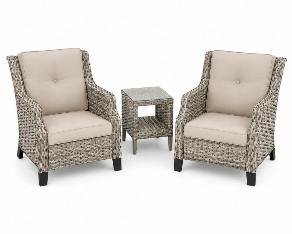 Gartenmöbel Set 3 teilig mit 2 Gartensesseln und quadratischem Beistelltisch 74 x 80 x 88 cm 45 x 45 x 50 cm Stahl PE Rattan Glas grau beige schwarz klar