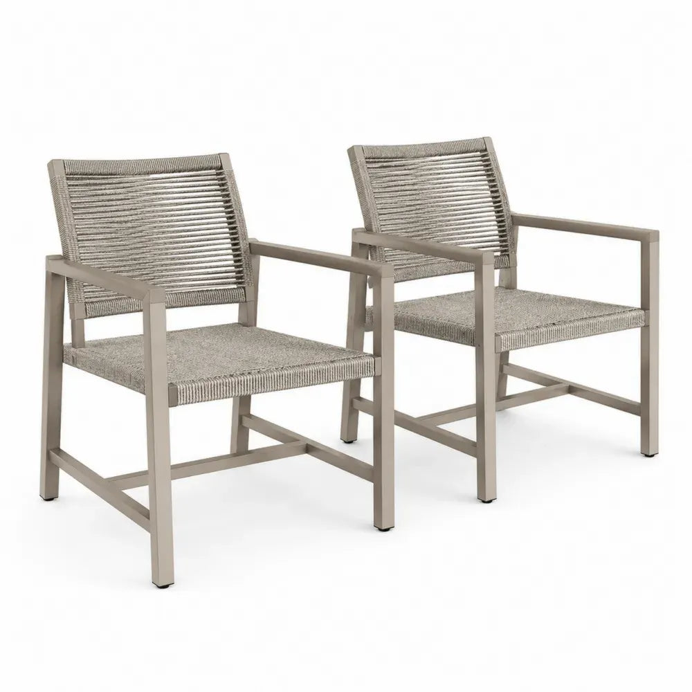 Gartenstuhl 2er Set Stapelstuhl mit Armlehnen aus Aluminium und PP Seilgeflecht rechteckige Sitzfläche taupe grau beige schwarz 57 x 60 x 83 cm