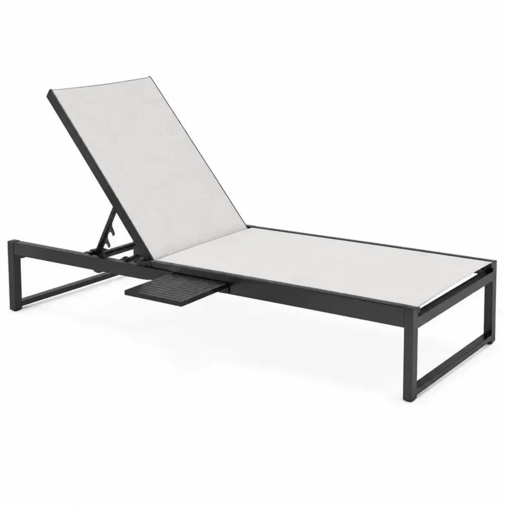 Gartenliege verstellbar mit Seitentablett Aluminiumrahmen und PVC beschichtetem Polyestergewebe Schwarz Beige 200 x 65 x 92 cm