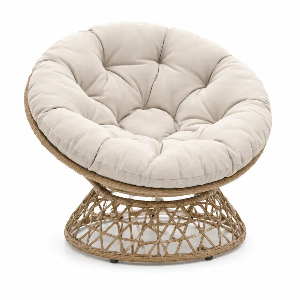 Papasan Gartensessel mit runder Sitzschale PE Rattan und Polyesterkissen Naturbeige Cremebeige 110 x 105 x 90 cm