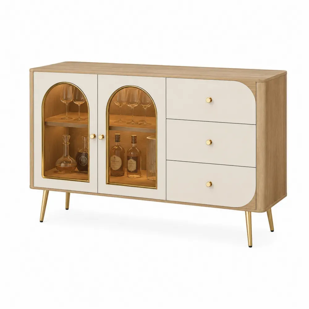Sideboard Buffet mit 2 Glastüren und 3 Schubladen 120 x 40 x 80 cm MDF Eichenfurnier gehärtetes Glas rechteckig Natur Cremeweiß Bernsteinfarben Goldfarben
