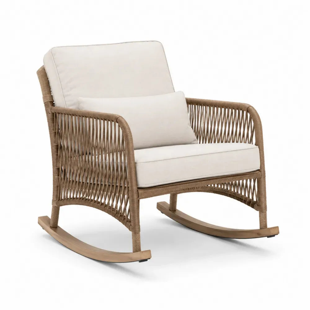 Garten Schaukelstuhl mit Armlehnen und Kissen 82 x 96 x 92 cm PE Rattan Stahl Akazienholz rechteckig naturbeige cremebeige naturbraun schwarz