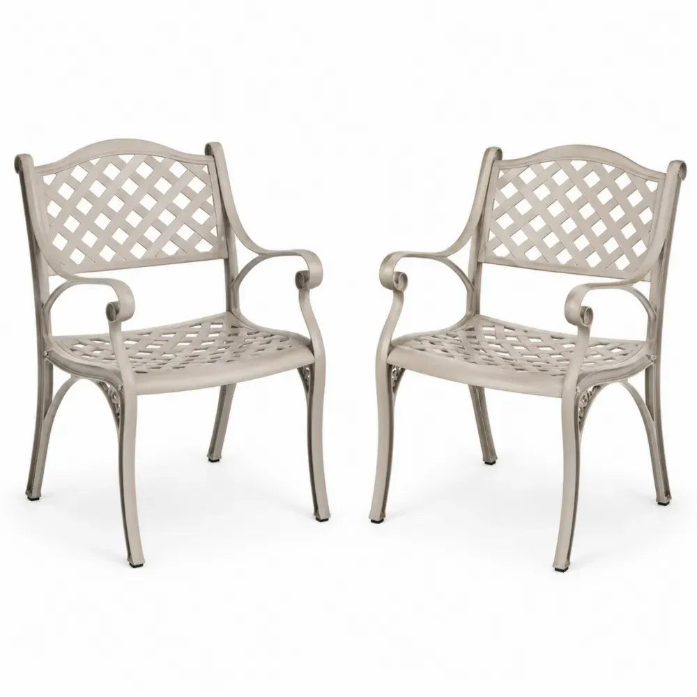Gartenstühle 2er Set mit Armlehnen aus Aluminiumguss Rautengitter Sandbeige 60 x 62 x 88 cm